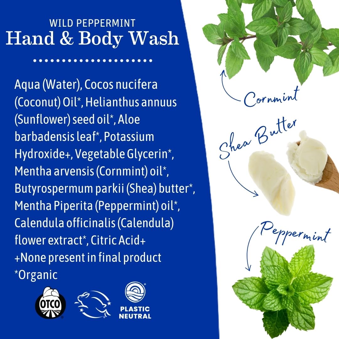Earth Mama Wild Peppermint Hand & Body Wash | Foaming Castile Soap Liquid and Hand Soap, Made with Organic Wild Mint & Peppermint Oil, 34 fl oz