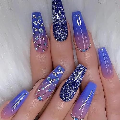 BABALAL Coffin Press on Nails Long Fake Nails with Nail Glue Blue Purple Glue on Nails 24Pcs Glitter Acrylic Nails Ballerina Stick on Nails