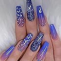 BABALAL Coffin Press on Nails Long Fake Nails with Nail Glue Blue Purple Glue on Nails 24Pcs Glitter Acrylic Nails Ballerina Stick on Nails