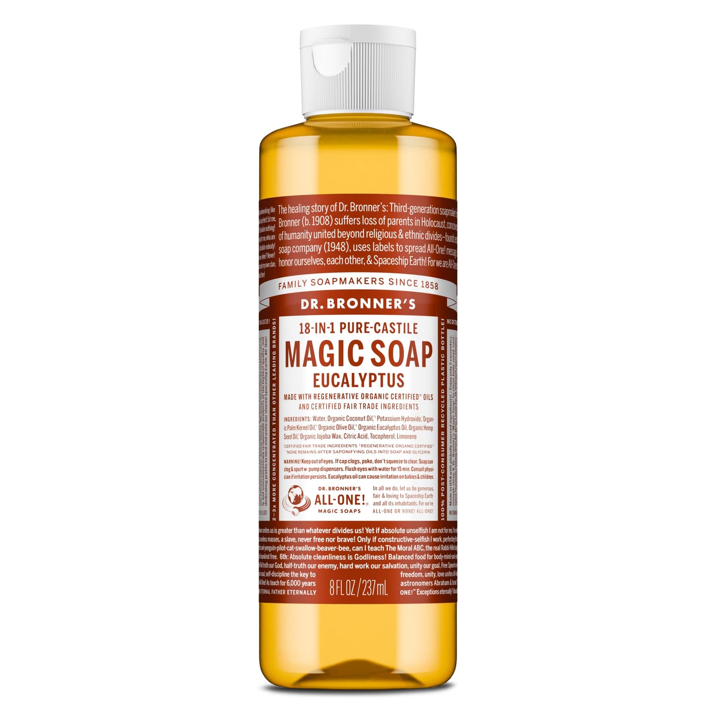 Dr. Bronner's Pure-Castile Magic Soap Liquid (Eucalyptus, 8 Ounce) - Made with Regenerative Organic Certified Oils, 18-in-1 Uses: Face, Body, Hair