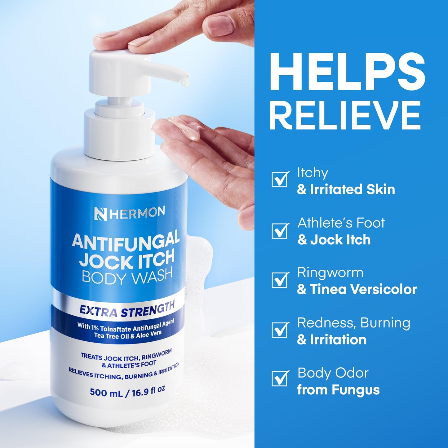 Hermon Antifungal Body Wash Extra Strength: Antifungal Soap for Jock Itch, Tinea Versicolor, Ringworm, Back Acne, Foot Odor - Anti Fungal Body Wash