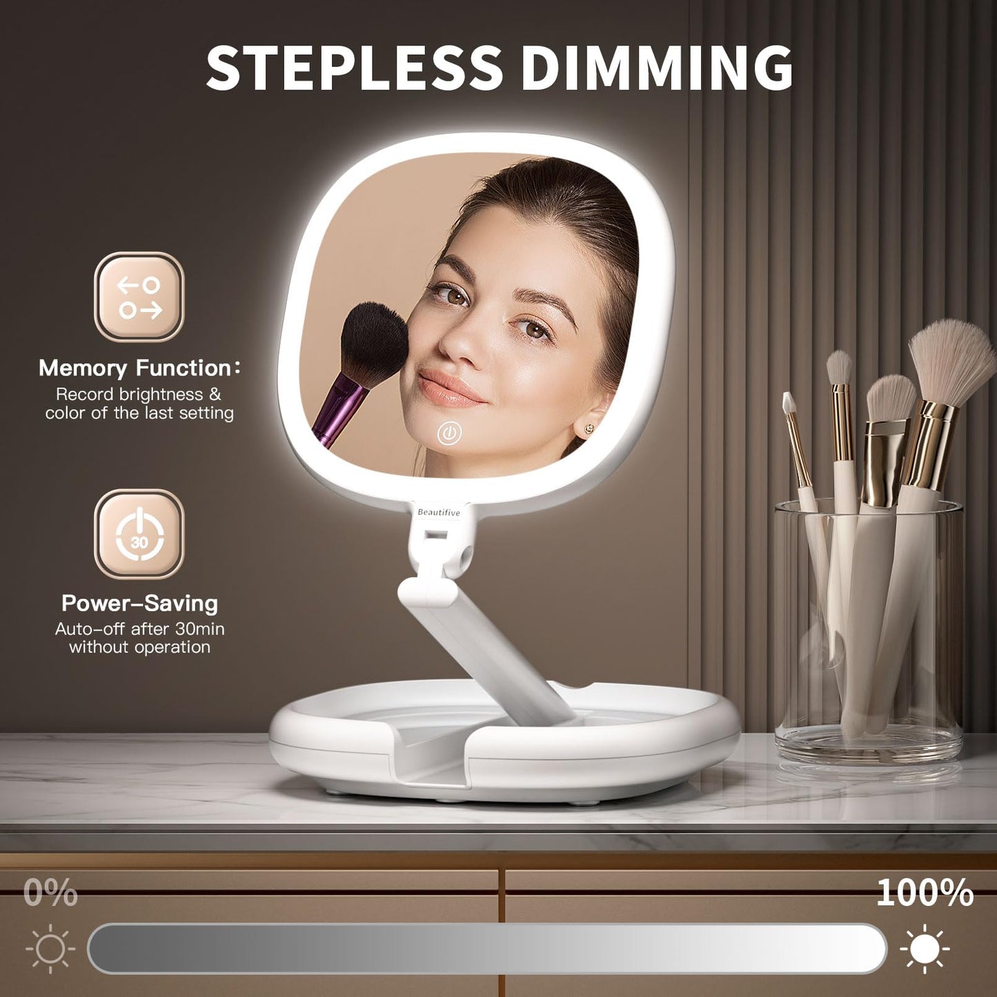 Beautifive 6.3” Makeup Mirror with Light and Magnification, 10X/1X Light Up Makeup Mirror Lighted Make Up Mirror with Adjustable Height Double Sides