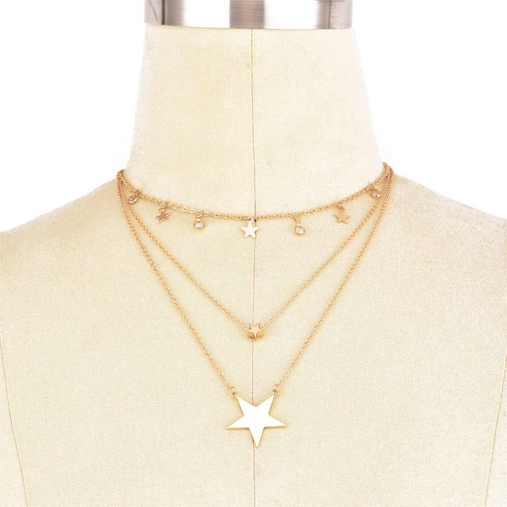DoubleNine Large Star Crystal Pendant Gold Tassels Dangle Layered Necklace for Women Girls