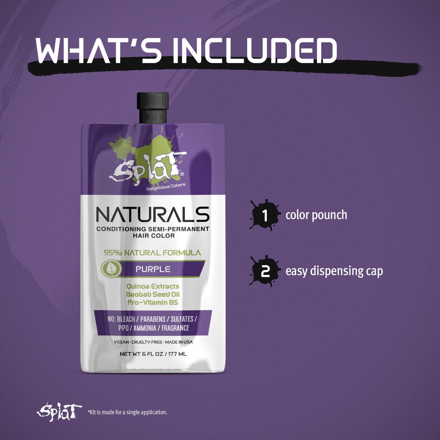 Splat Naturals Semi-Permanent Hair Color, Purple, 6 fl. oz., 95% Natural Hair Dye Formula Lasts Up to 30 Washes, Vegan & Cruelty-Free