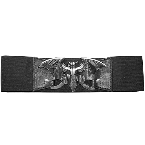Kreepsville 666 Elastic Waist Belt Bat Silver Elastic Split Buckle Fastening, Black, Silver, 2XL/3XL