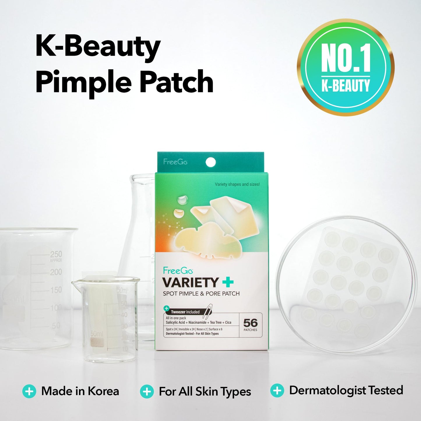 FreeGo Variety+ Hydrocolloid Spot Pimple & Pore Patches for Face, Large Patches for Breakouts, Zit, Blemish Spot, Facial Stickers, Korean Pimple