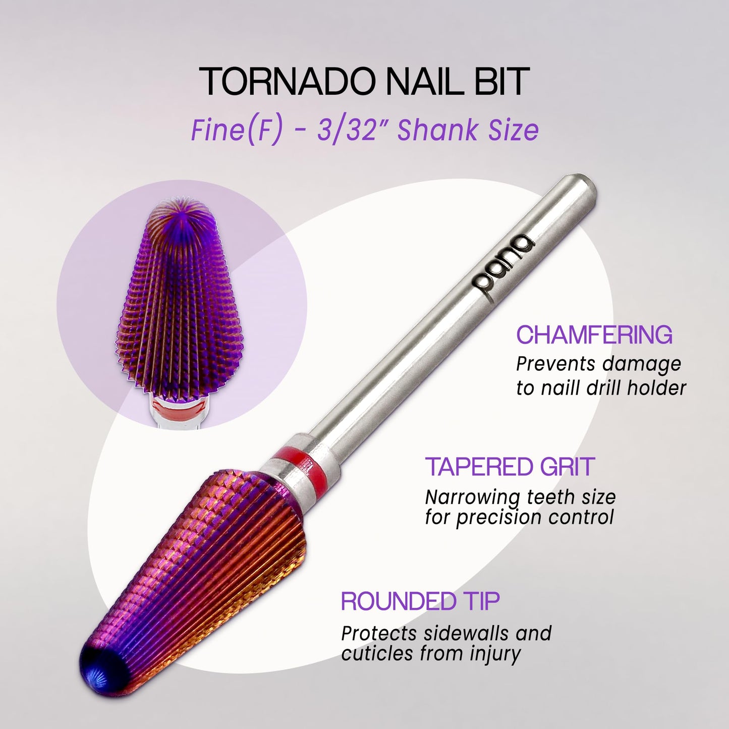 PANA 3/32" Purple Tornado Carbide Nail Drill Bit for Acrylics, Nail Extension, Gel Polish Removal Nail Salon Manicure Pedicure Electric File Tools