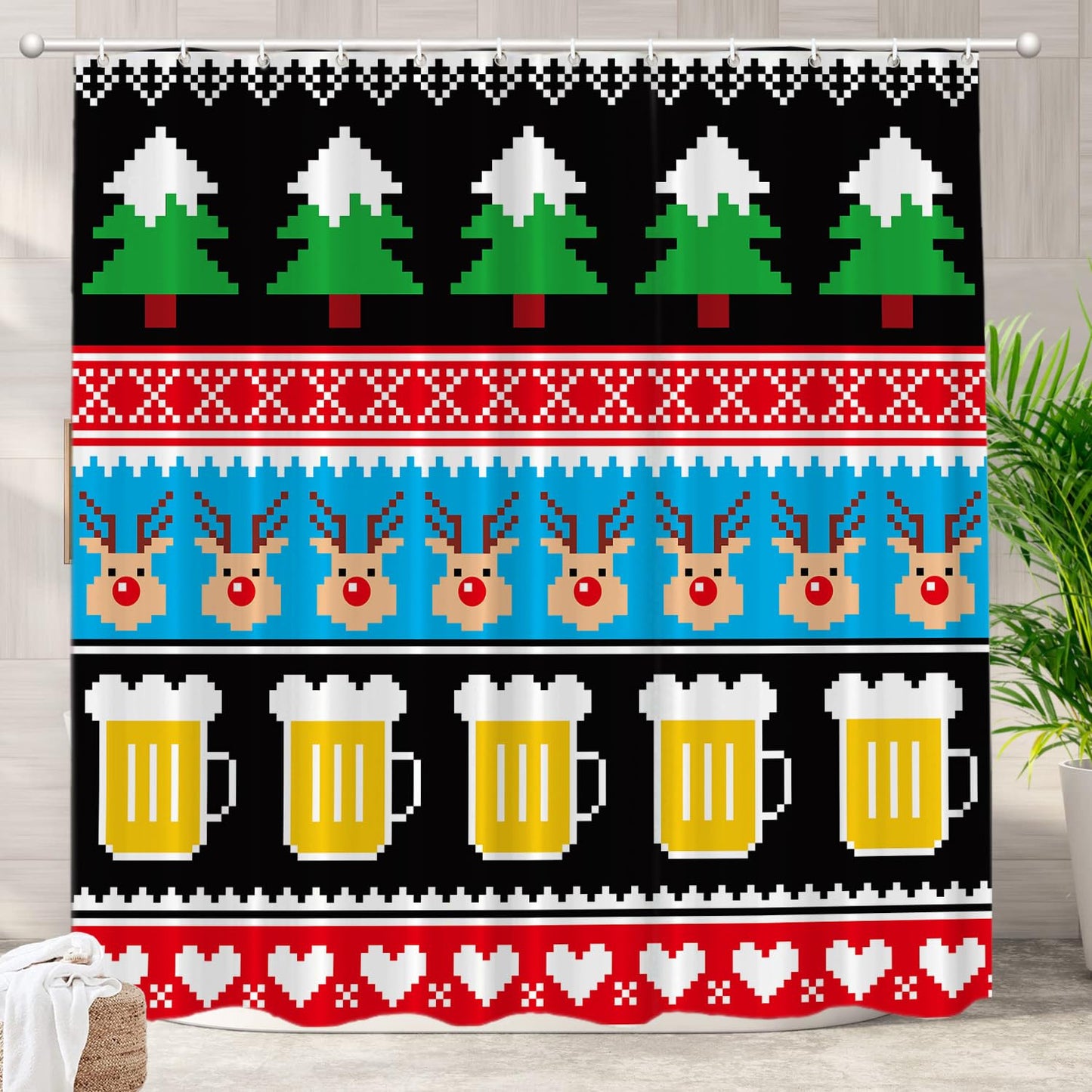 Batmerry Christmas Trees Beer Decorative Shower Curtain, Nordic Sweater Pattern, Cute Long Wide Shower Curtain for Bathroom Farmhouse Bathtub…