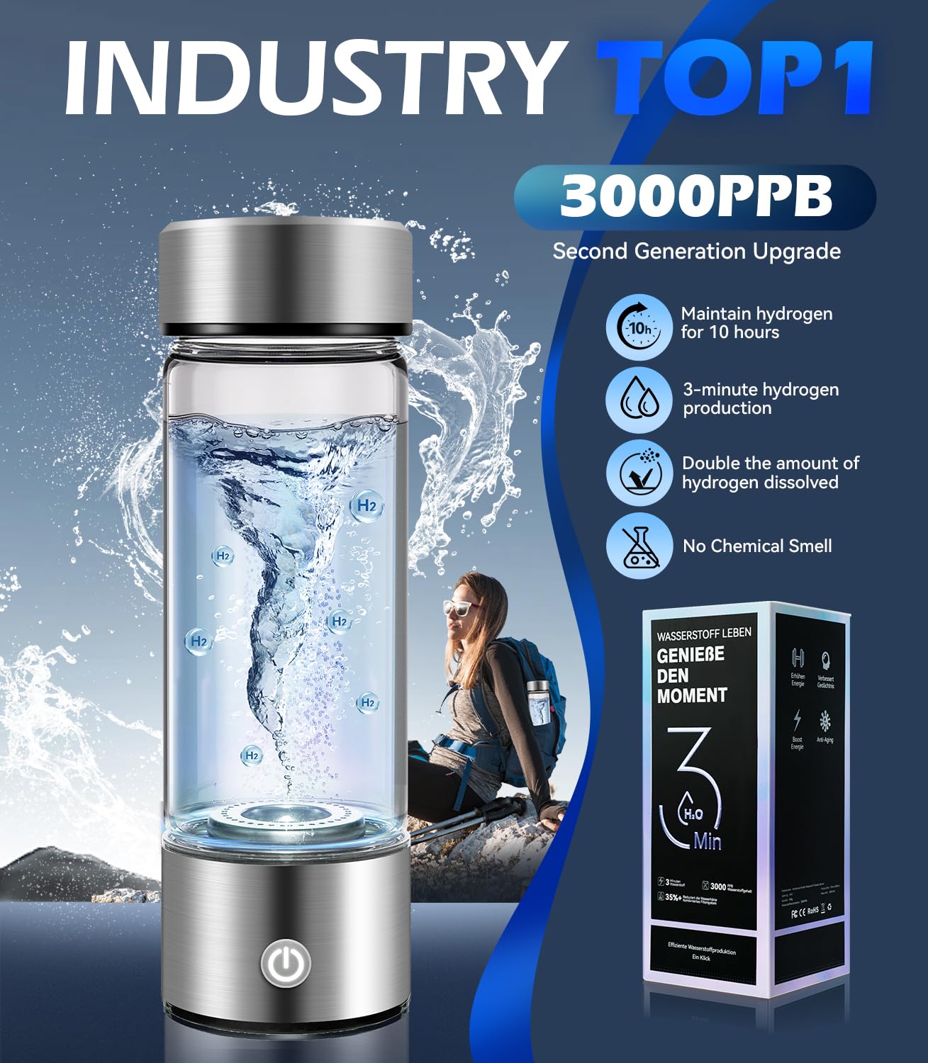 New Upgrade Hydrogen Water Bottle Generator 【NO.1 Double Hydrogen Content】 【Industry TOP - 24-Hour Hydrogen Lock】 | 0 Chlorine & 0 Ozone | 100%…