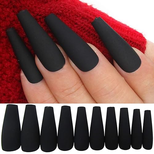 LoveOurHome 100pc Coffin Press on Nails Long Fake Nails Medium Ballerina Acrylic Press on Nail Coffin Nail Tips Matte Black Artifical Nail Full Cover