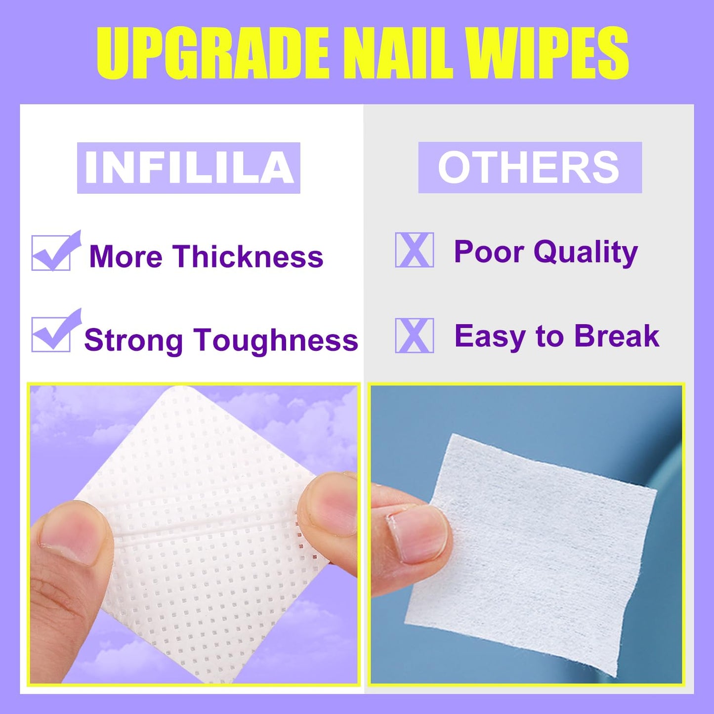 NXJ INFILILA Lint Free Nail Wipes, 540PCS Non-Woven Fabric Dry Nail Prep Wipes, Super Absorbent Nail Polish Remover Wipes Lash Extensions Glue Nail