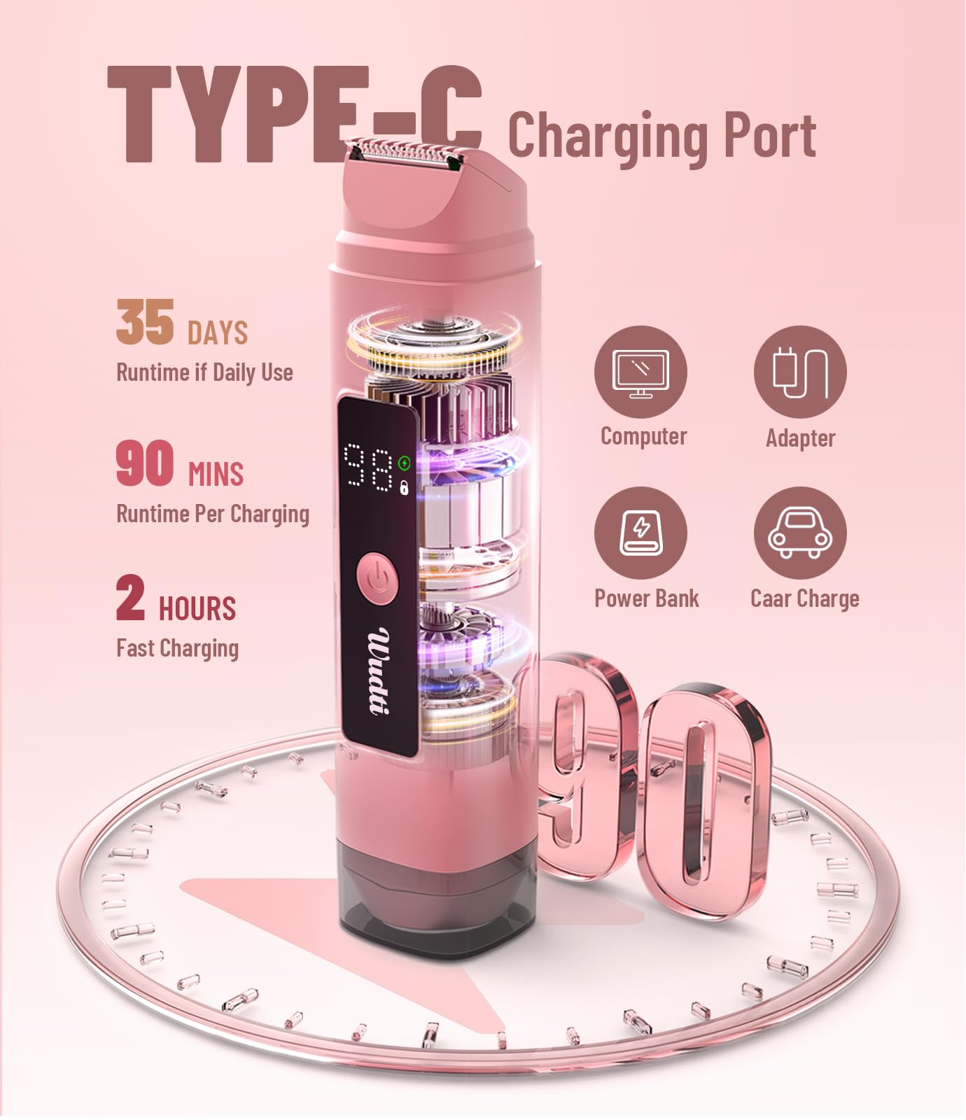 WUDTI Electric Bikini Trimmer for Women: Razor & Shaver with Dual Heads for Body Pubic Hair, IPX7 Waterproof with LED Display - Rechargeable Lady Beauty and Personal Care Wudti