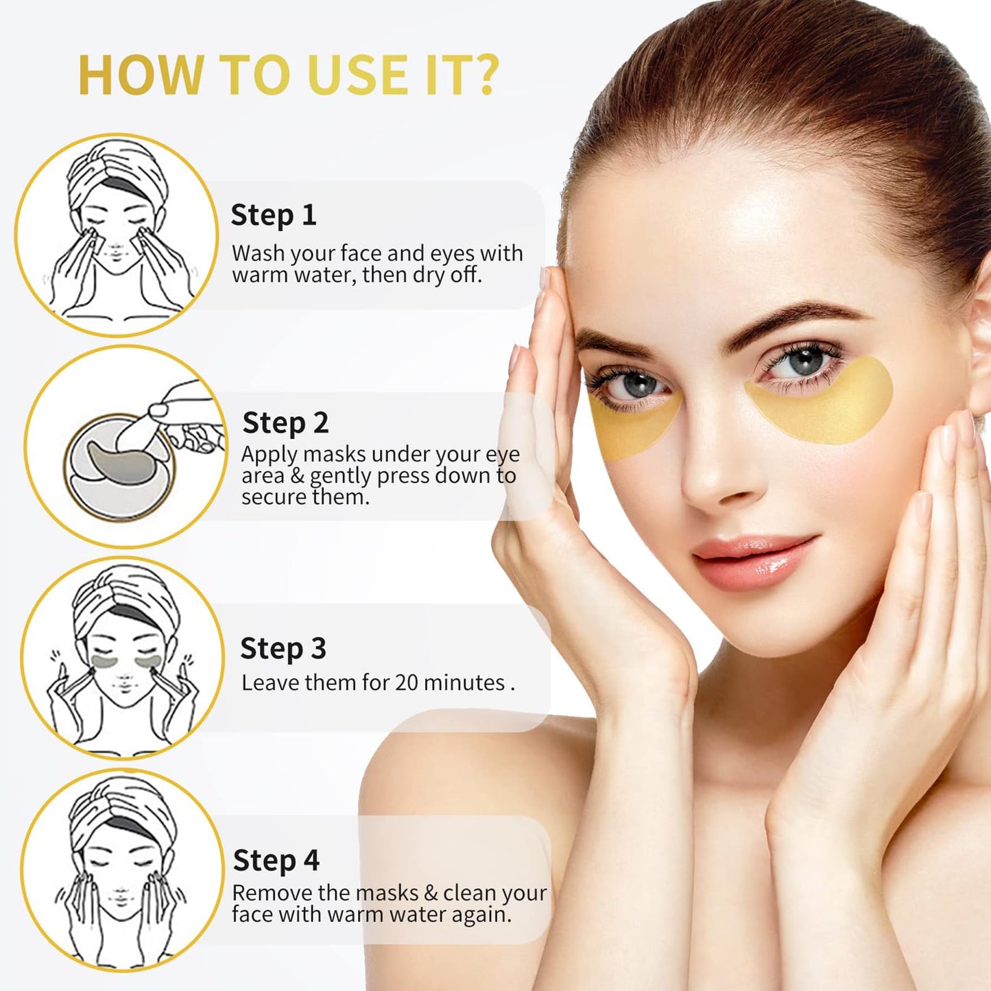 NAZANO 24K Gold Under Eye Patches - 60 Pack for Puffy Eyes, Dark Circles, Bags & Wrinkles with Collagen & Hyaluronic Acid - Eye Care Pads for Daily