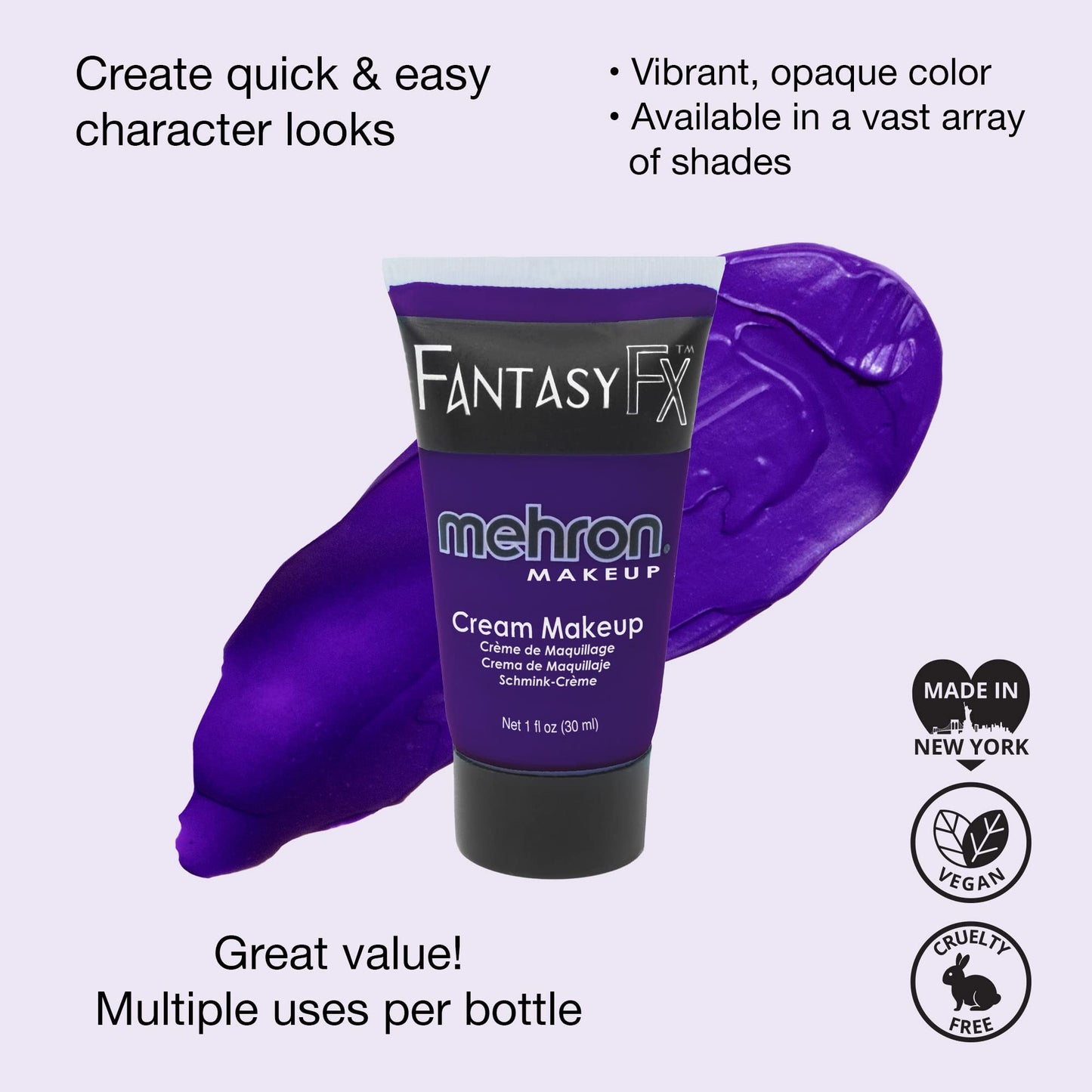 Mehron Makeup Fantasy FX Cream Makeup | Water Based | Halloween | Purple Face & Body Paint For Adults 1 fl oz (30ml) (Purple)