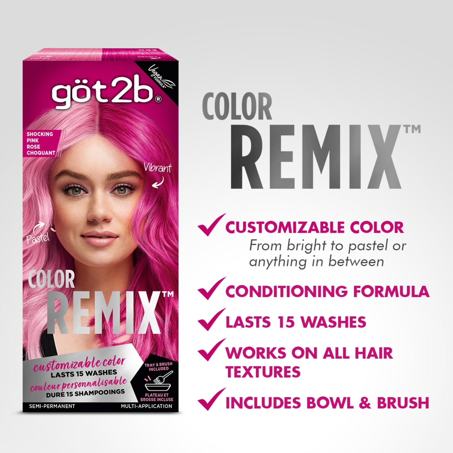got2b Color Remix Semi-Permanent Hair Color, Shocking Pink 093, Customizable Temporary Hair Dye to Create A Vibrant or Pastel Shade, Easy At-Home