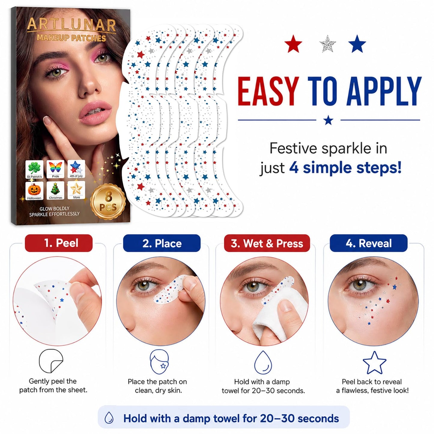 Artlunar 8 Pcs Red White Blue Star Freckle Stickers with Silver Glitter Powder for Face, 4th of July Glitter Face Stickers for Women Kids, Patriotic