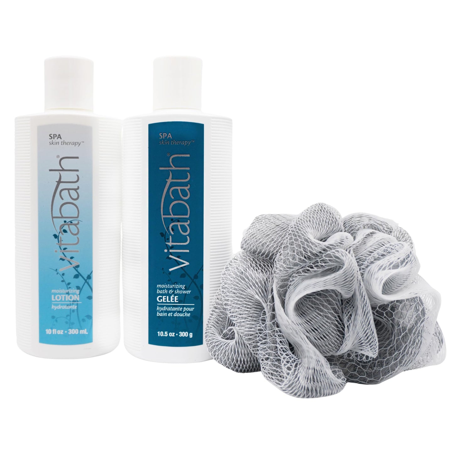 Vitabath Spa Skin Therapy Everyday Skincare Set Moisturizing Shower Gel Wash, Reviving Lotion & Exfoliating Body Scrubber Pouf - Refreshing Foam