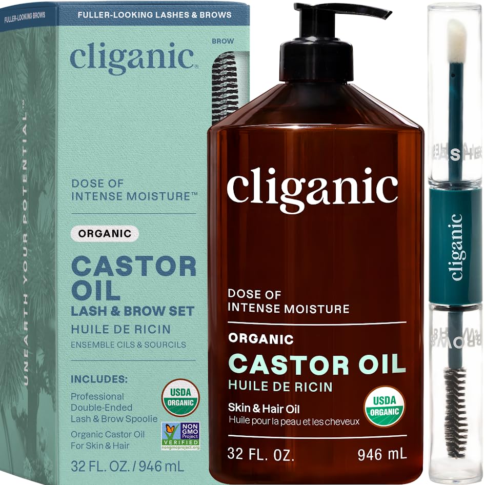 Cliganic Organic Castor Oil, 100% Pure (32oz with Eyelash Kit) - For Eyelashes, Eyebrows, Hair & Skin | Natural Cold Pressed Unrefined Hexane-Free Beauty and Personal Care Cliganic Default Title