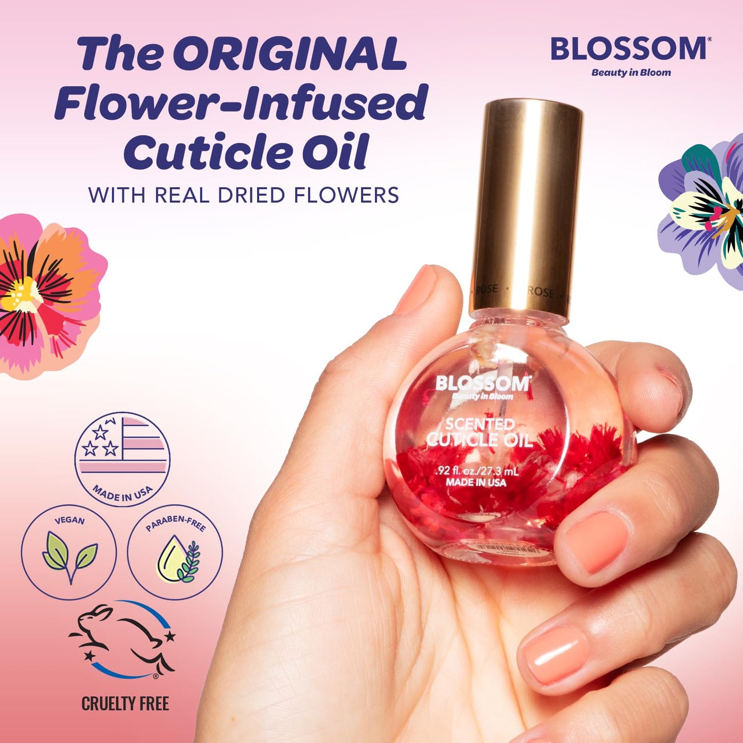 Blossom Cuticle Oil for Nails, Hydrating & Moisturizing, Scented Nail Care with Real Flowers, Made in USA, Strawberry, 0.92 fl oz