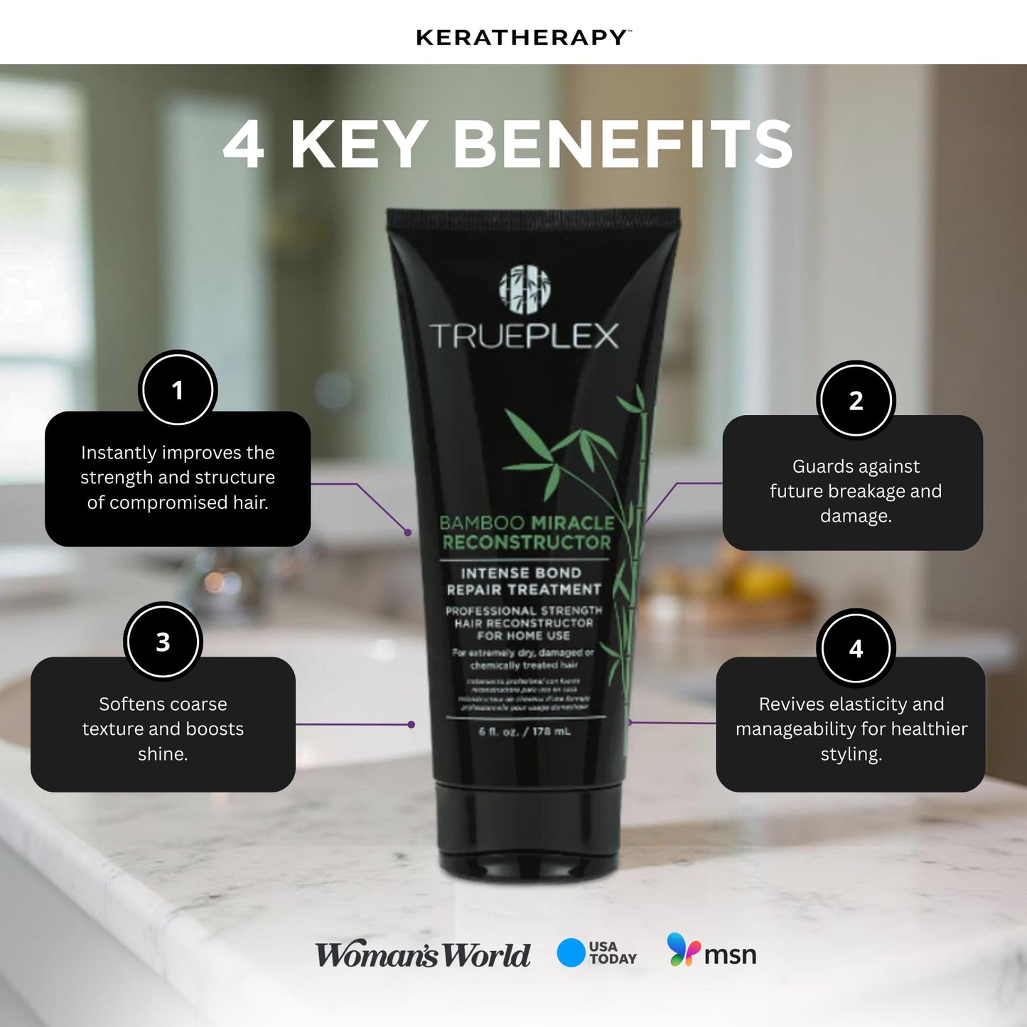 Trueplex KERATHERAPY Bamboo Miracle Reconstructor Bond Repair Treatment, 6 oz., 178 ml - Vegan Thermal Protection & Hair Strengthener for Damaged Hair