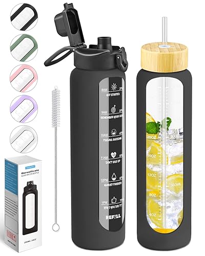Nefeeko 32 oz Glass Water Bottles with Straw, Time Marker, Motivational 1 Liter BPA FREE Leakproof Reusable Glass Water Bottle with Silicone Sleeve
