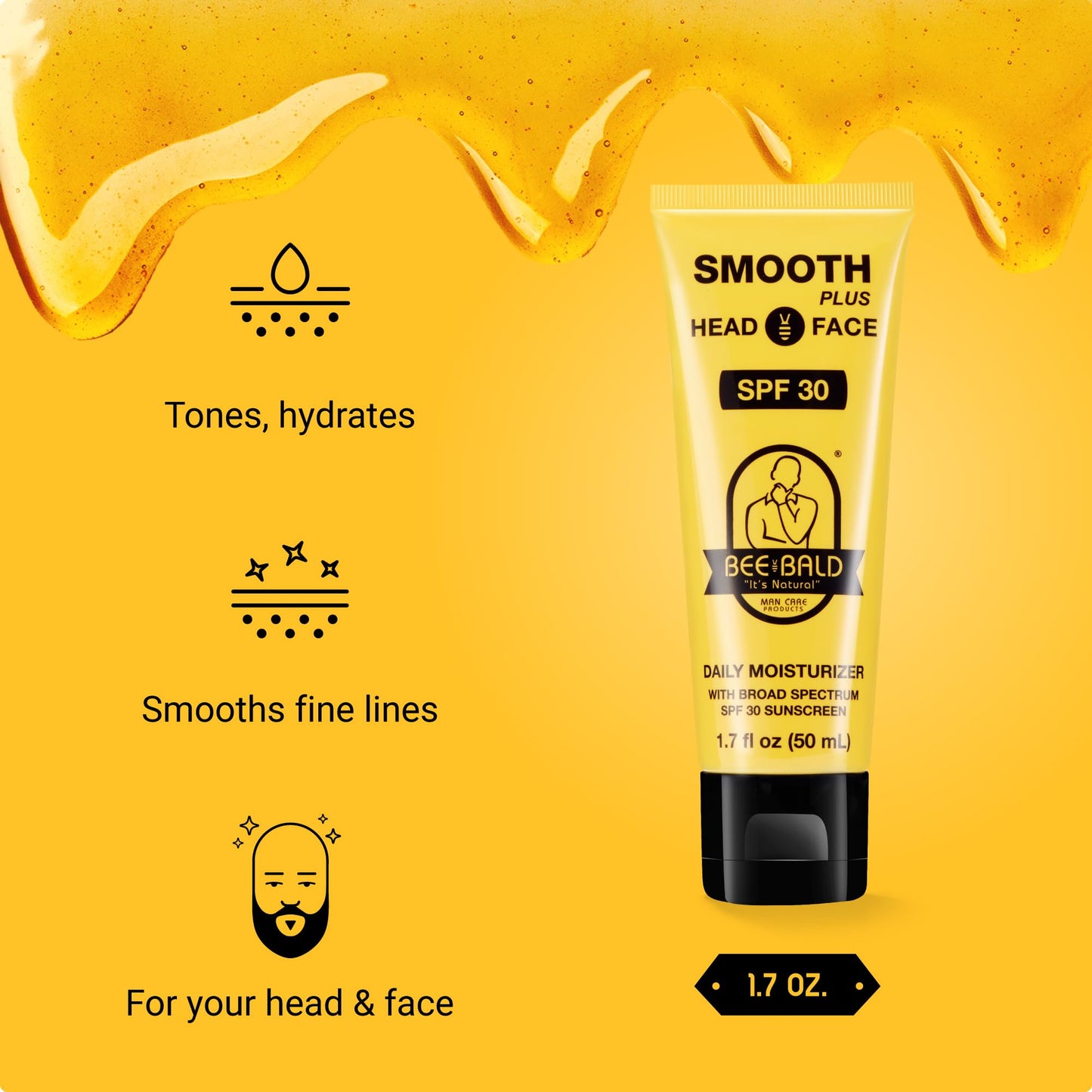 Bee Bald SMOOTH PLUS Head & Face Moisturizer with SPF 30 Sunscreen Lotion Protecting Skin From Harmful UVA/UVB Rays While Hydrating, Moisturizing
