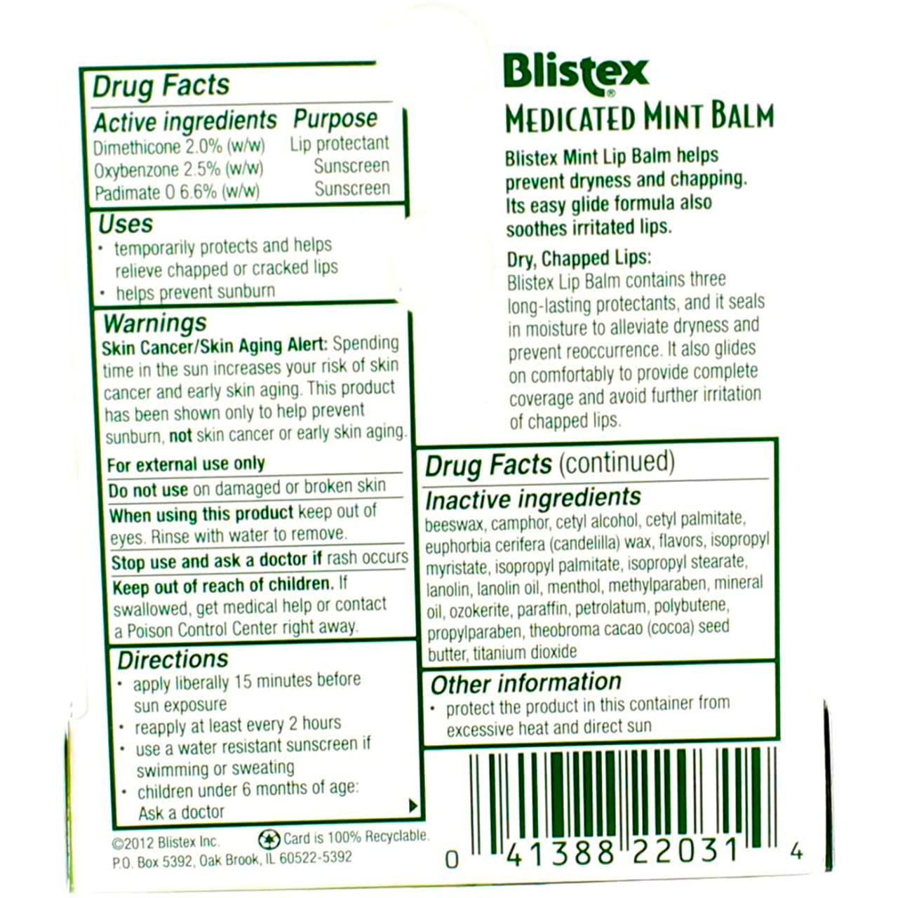 Blistex Medicated Lip Balm Protectant/Sunscreen SPF 15 Mint, 0.15 OZ Pack of 2