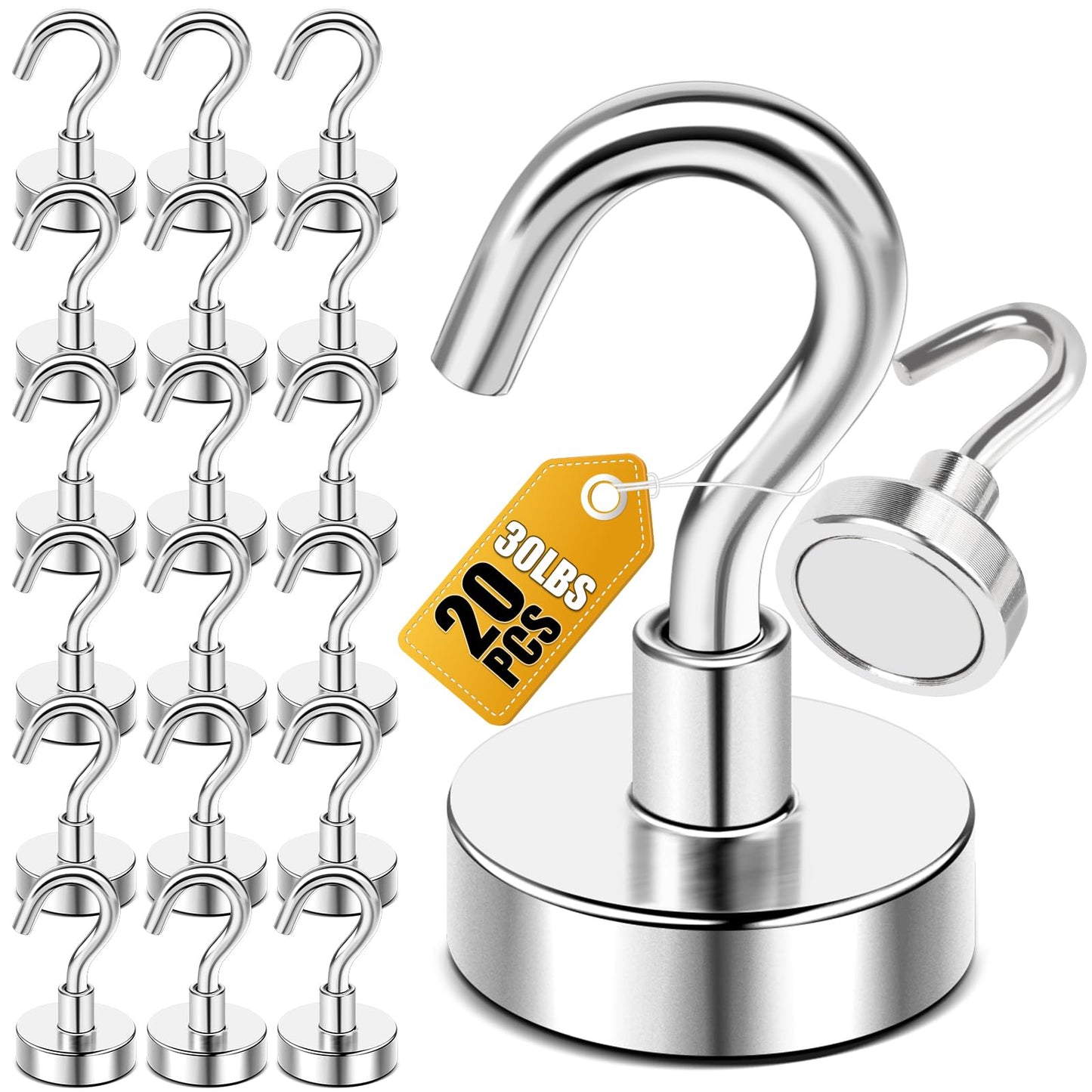 DIYMAG Magnetic Hooks 30lbs+ – Heavy Duty Cruise Cabin & Home Essentials for Hanging, Fridge, Kitchen, Grill – 20 Pack, Silver