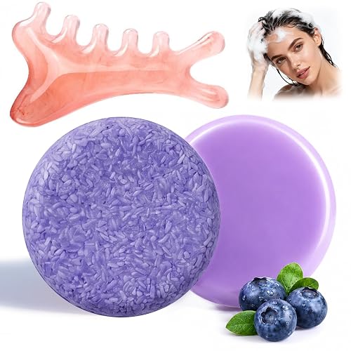 Blueberry Solid Shampoo and Conditioner Bar Set with Pink Massage Comb, Natural Blueberry Shampoo & Conditioner Bundle Bars, Nourishing and Repairing