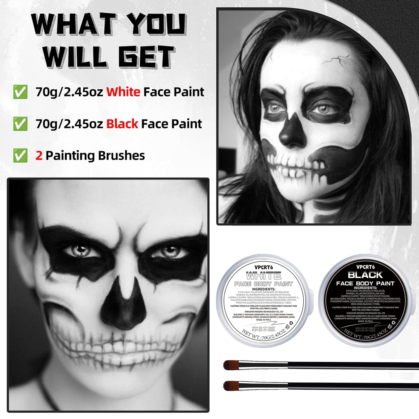 Halloween White Black Oil Face Body Paint Set, Halloween Skeleton Makeup Kit with 2 Brushes, Professional Black White Face Body Painting Kit
