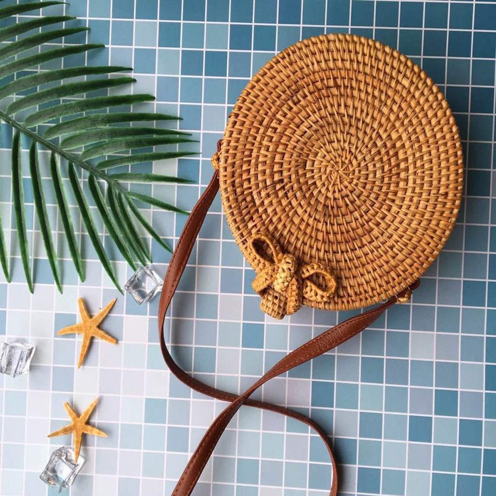 Handmade Rattan Woven Bag Round Retro Crossbody Bags Classic Shoulder Bag Ladies and Girls Party Handbags Wallets (Bow Button) 7.09x7.09x2.76IN
