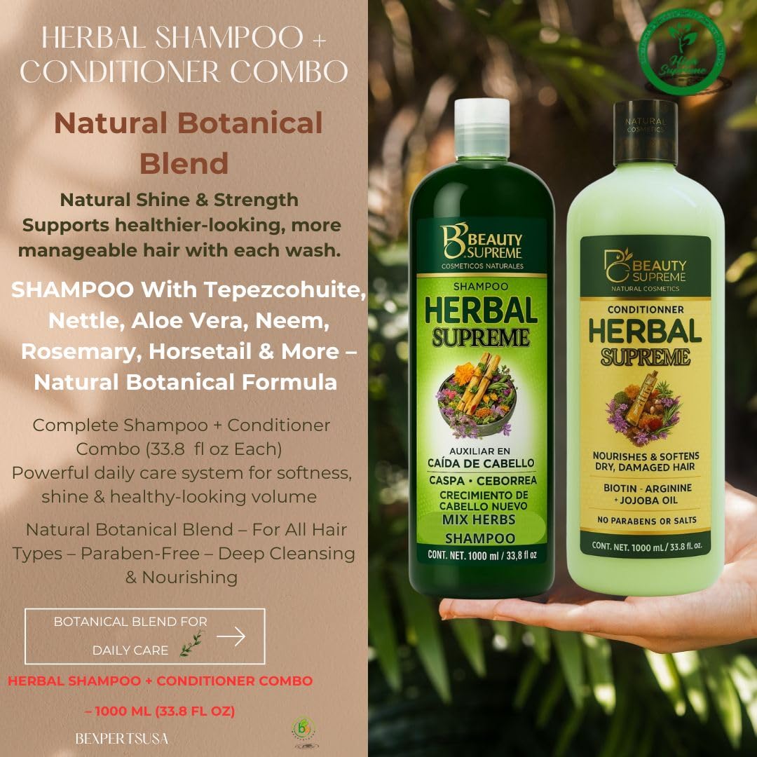 Herbal Shampoo + Conditioner Combo,1000 ml(33.8 fl oz)Each-W/Tepezcohuite,Nettle, Aloe Vera (Sábila),Neem, Rosemary,Horsetail & More-Natural Botanical