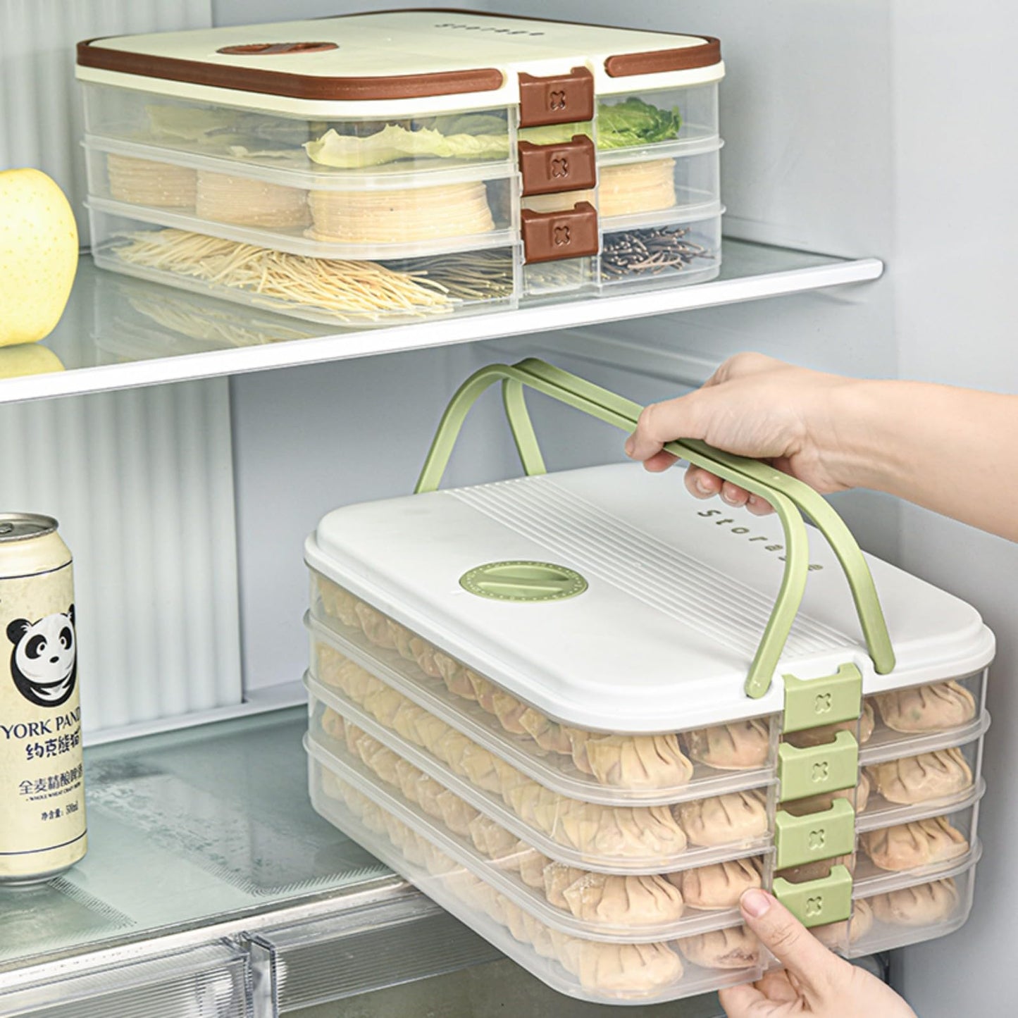 MueJah Dumplings Storage with 4 Layers, Stackable with Buckle, Lid & Handle for Cookies Wonton Donuts Box Organizer For Fridge, White-Green