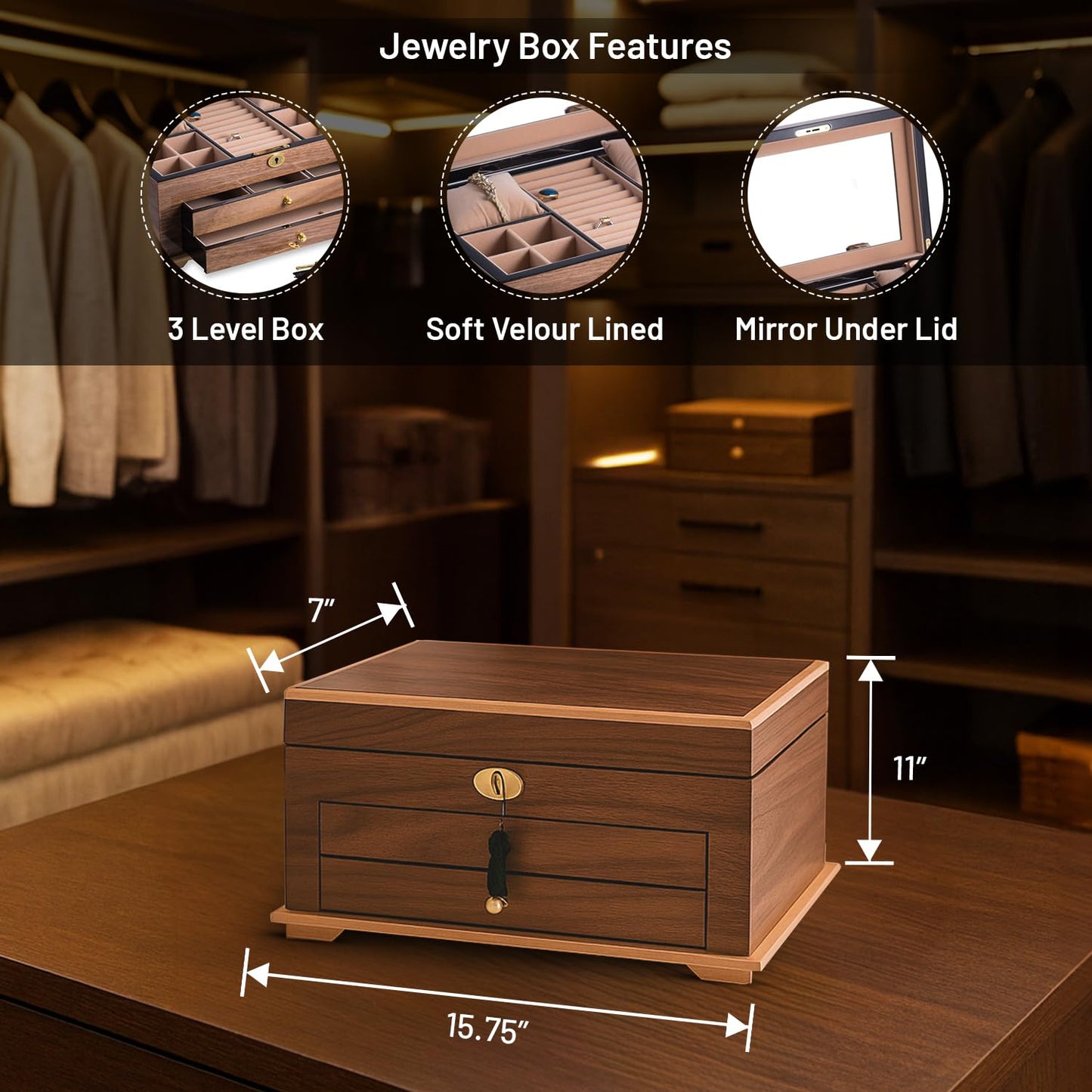 Bey-Berk Lacquered Walnut 3-Level Jewelry Box with Mirror, 2 Drawers and Locking Lid, Gold Accents, Ring Slots and Watch Pillows, 15.75" x 11" x 7"