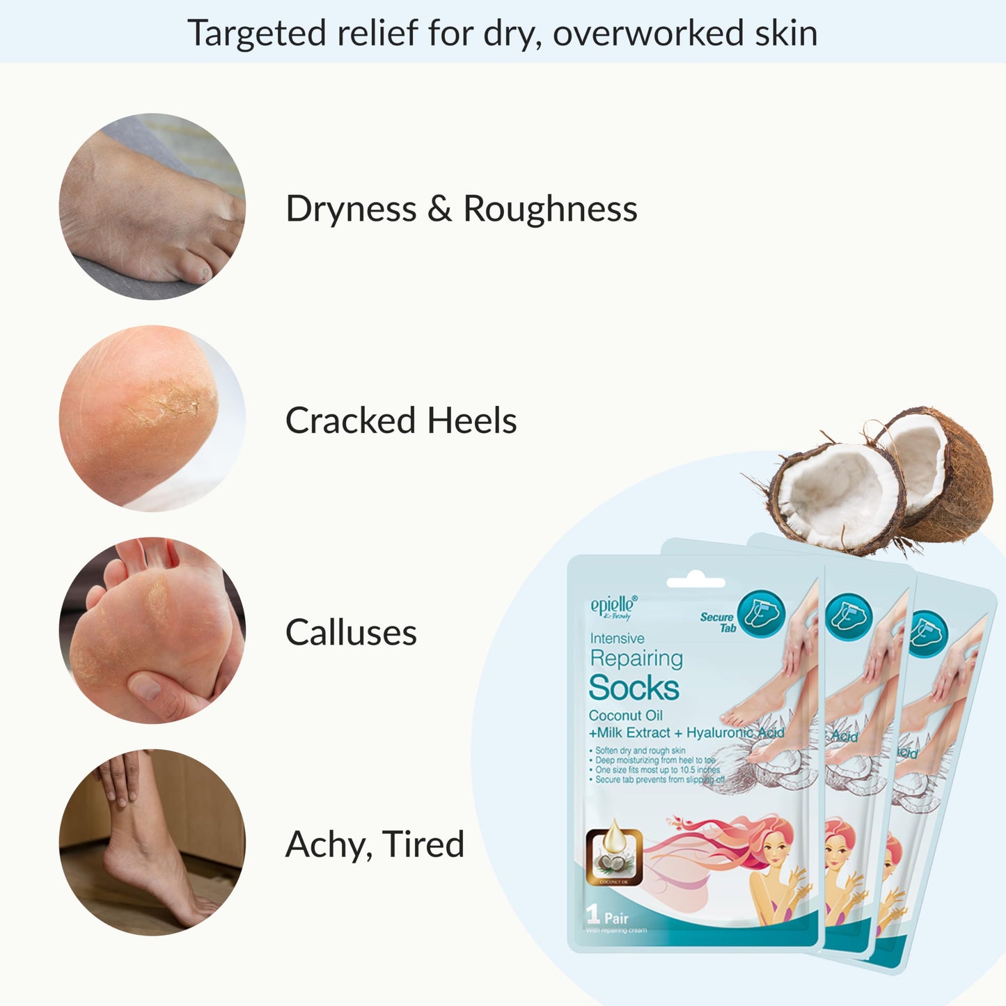 Epielle Intensive Repairing Foot Mask 6 Pairs, Soften with Coconut Oil & Milk Extract, Deep Moisturizing Socks for Dry, Cracked Feet, Self Care Gifts Beauty and Personal Care Epielle
