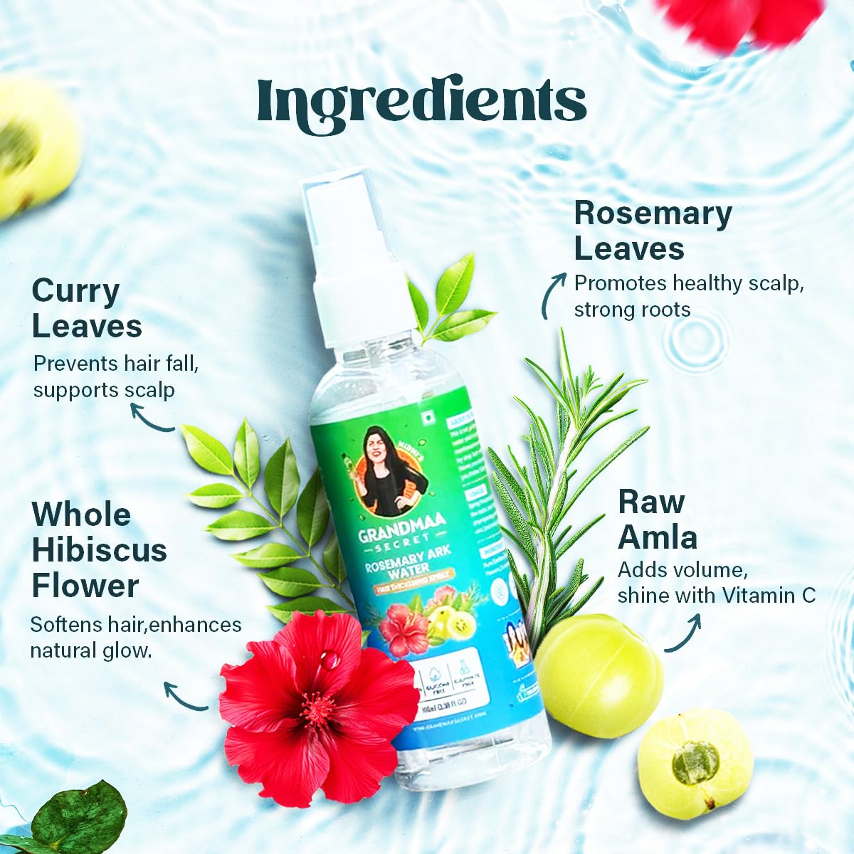 NIDHI’S GRANDMAA SECRET Rosemary Water Ark Hair Thickening Mist, Natural Rosemary Water Spray for Thick Hair, Rosemary Hair Mist Pure Distillate