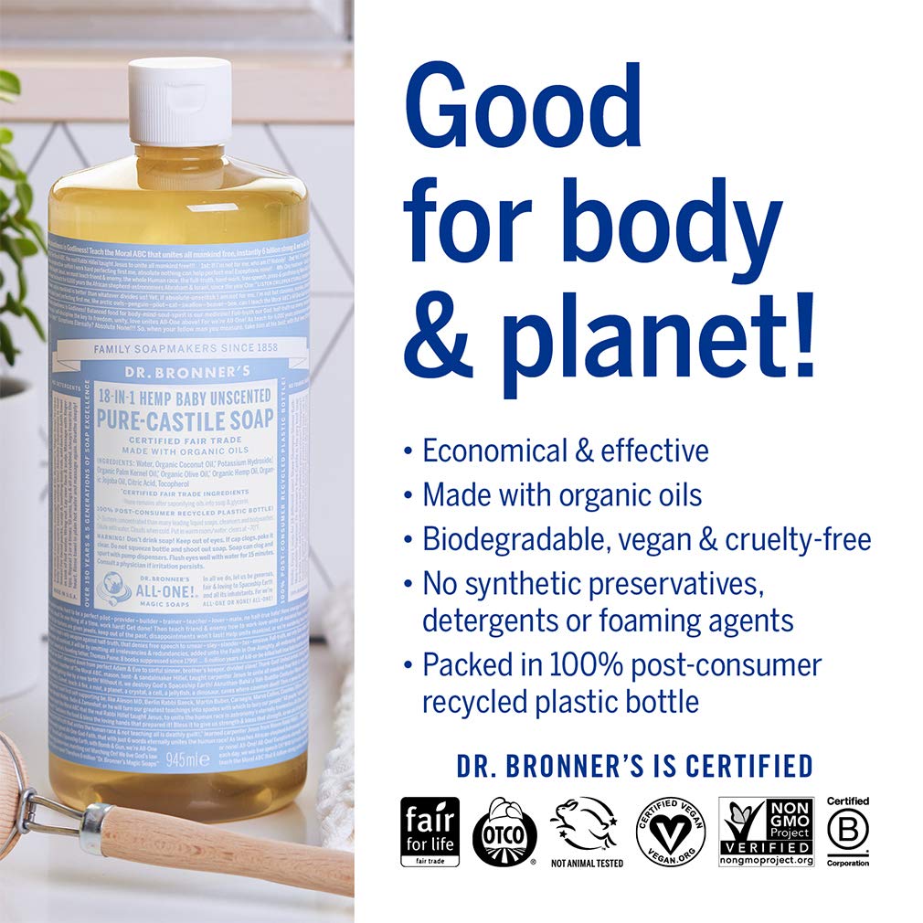 Dr. Bronner's Magic Soaps Pure-Castile Soap, Unscented Baby Mild, 32 Fluid Ounce Beauty & Personal Care Dr. Bronner's