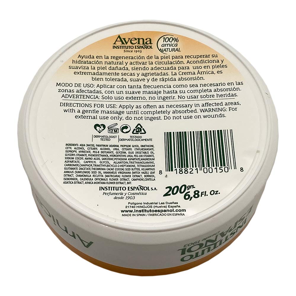 Avena Arnica Cream. Moisturizes, Soothes, Softens and Protects Severely Dry and Rough Skin. Enriched with Natural Arnica and Cocoa Butter. 6.70 oz