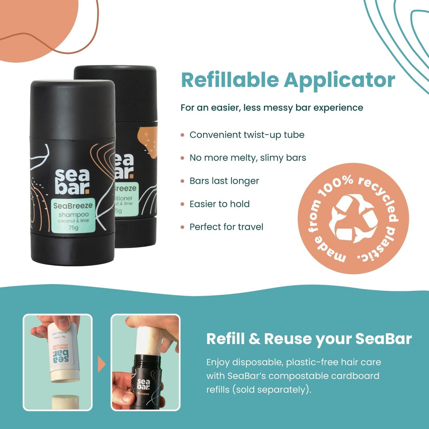 SeaBar Shampoo and Conditioner Bar Set with Refillable Applicator - Salon-Quality Cleanse & Condition - Volume & Soft, Manageable Lengths - Sulfate