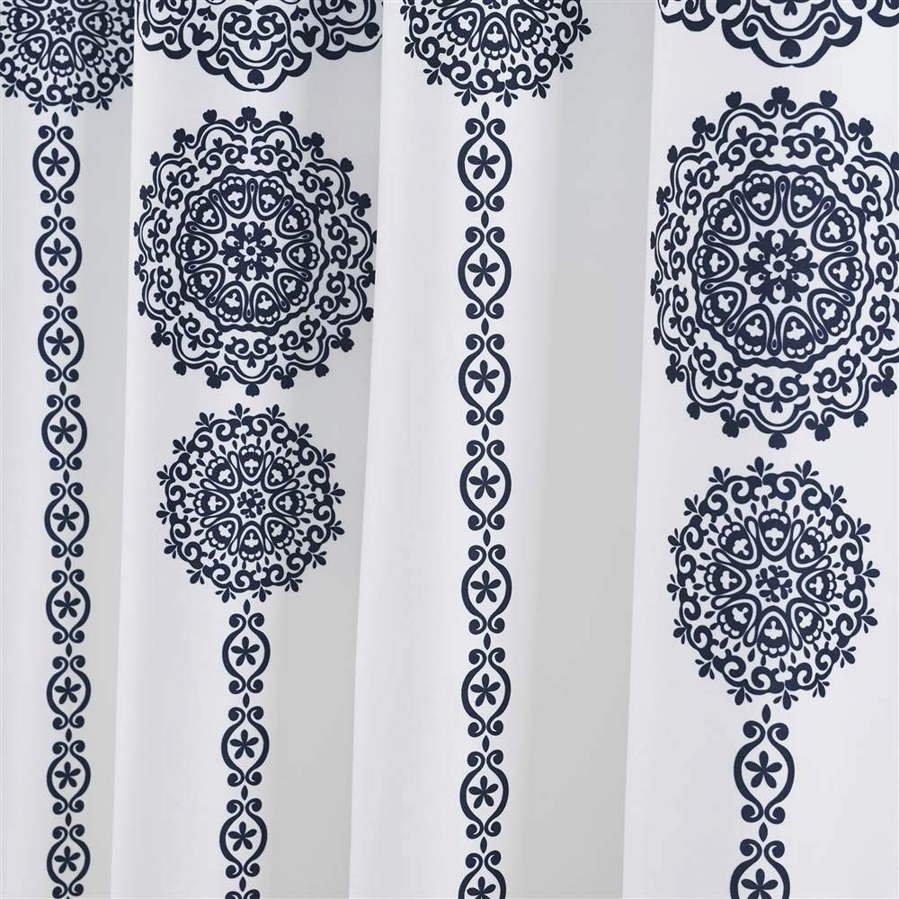 Lush Decor Stripe Medallion Shower Curtain-Fabric Mandala Bohemian Damask Print Design, 72" x 72", Navy