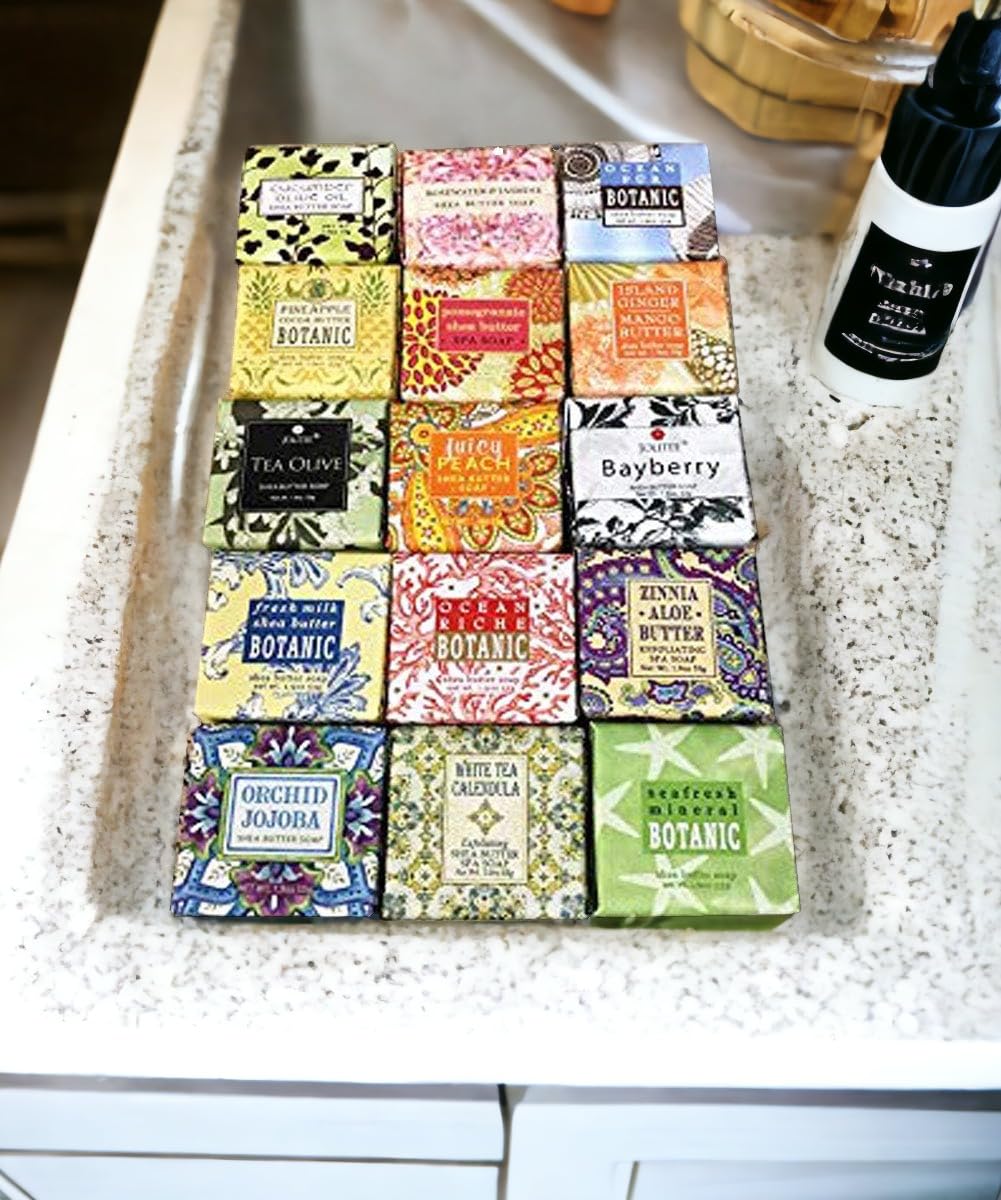 Jolitee French Milled Soap Set: 15 Botanical Scents, Essential Oils & Shea Butter, Natural Extracts, 15-Pack Mini Soaps