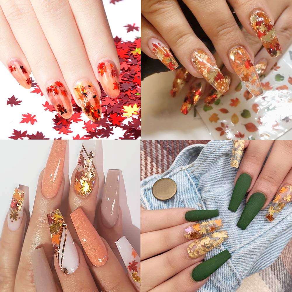 12 Colors Fall Leaf Glitter Nail Sequins - 3D Maple Leaf Holographic Nail Art Flakes Colorful Confetti Glitter Sticker Decals Manicure Nail Art Design