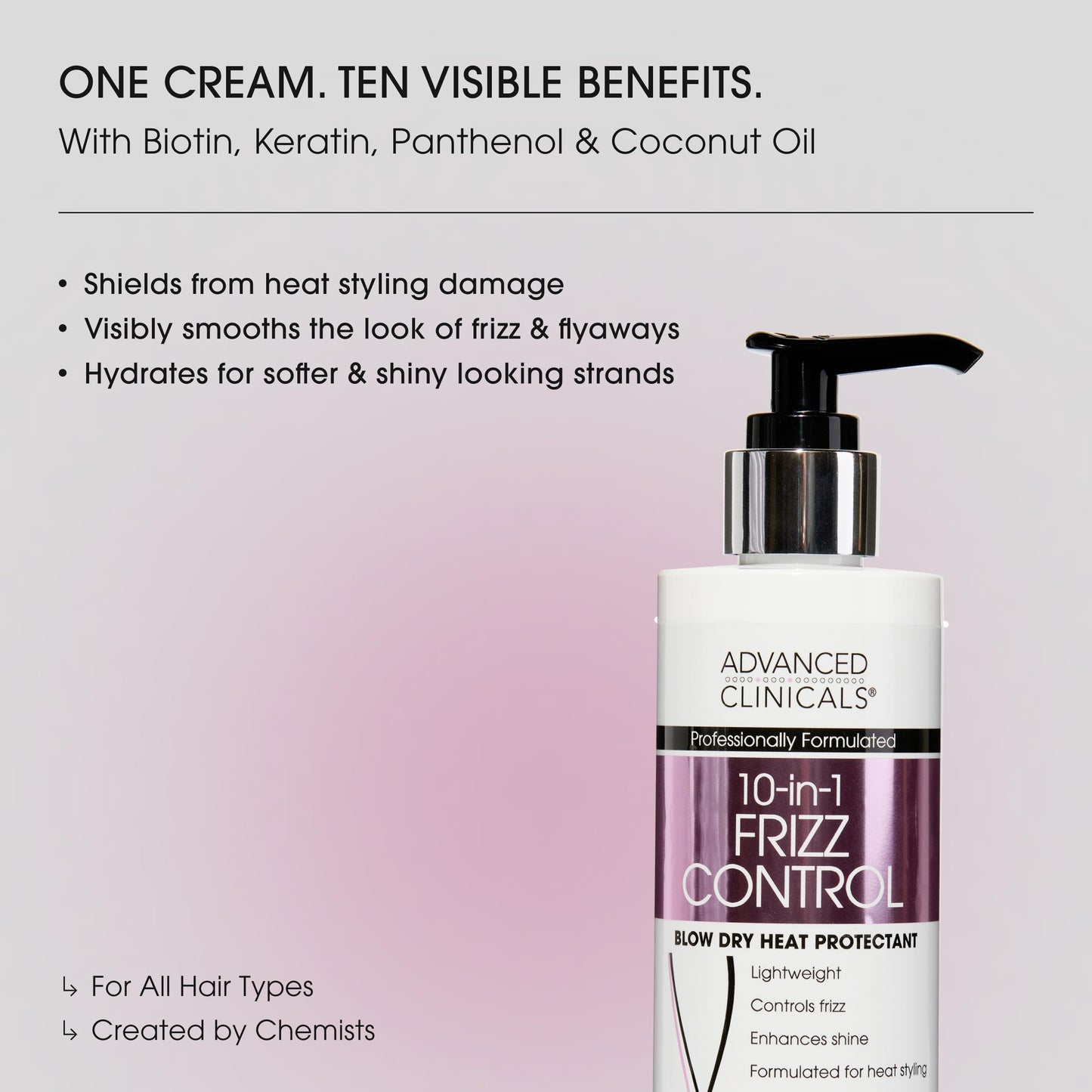 Advanced Clinicals 10-in-1 Anti-Frizz Hydrating Heat Protectant Hair Cream Coconut & Bamboo Strengthen, Detangle & Smooth Dry, Damaged Hair DEA