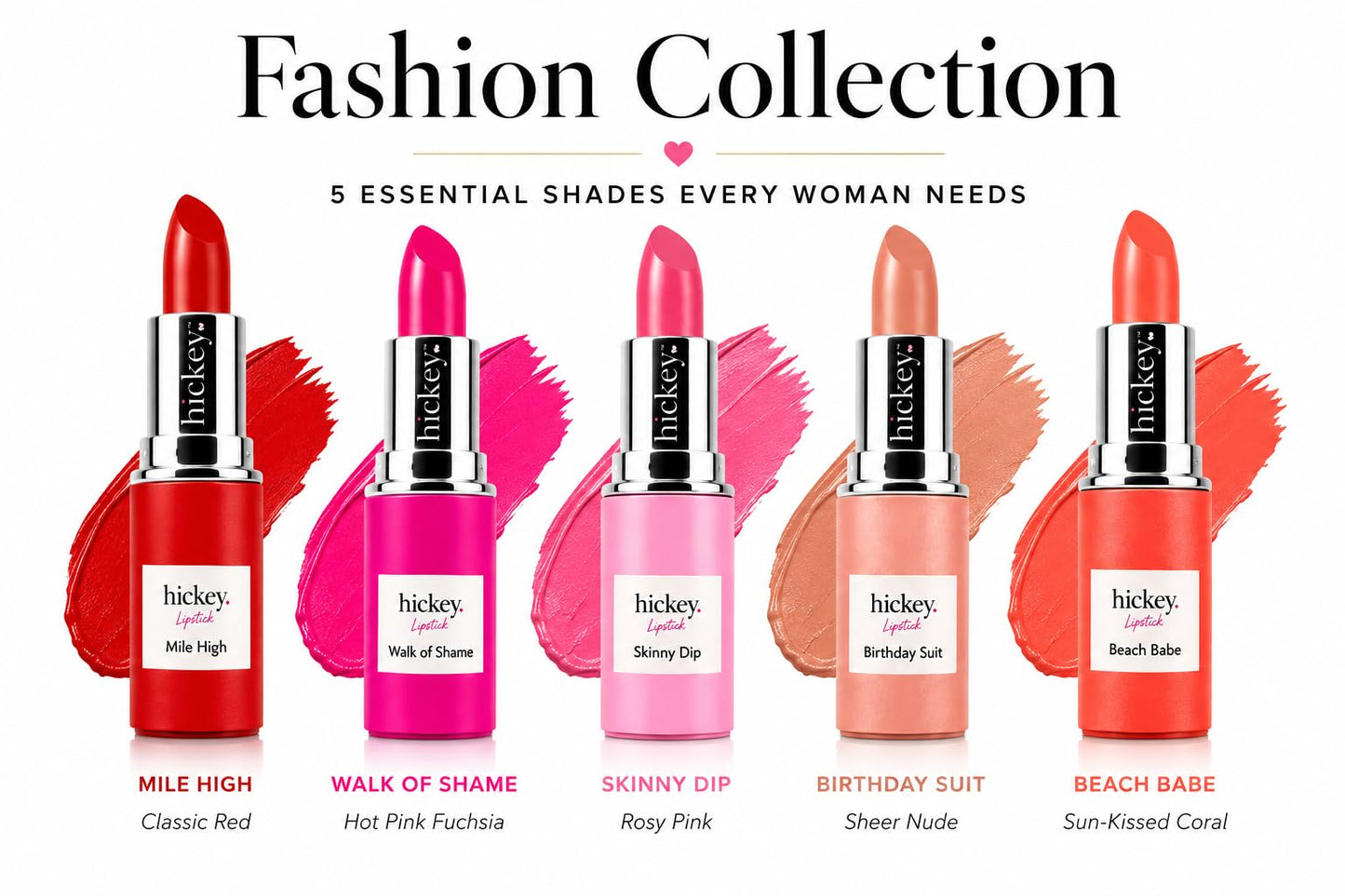 Hickey Lipstick Fashion Week Collection, 5 Piece Refill Set (Mile High, Birthday Suit, Walk of Shame, Beach Babe, Skinny Dip), Long Lasting Hydrating