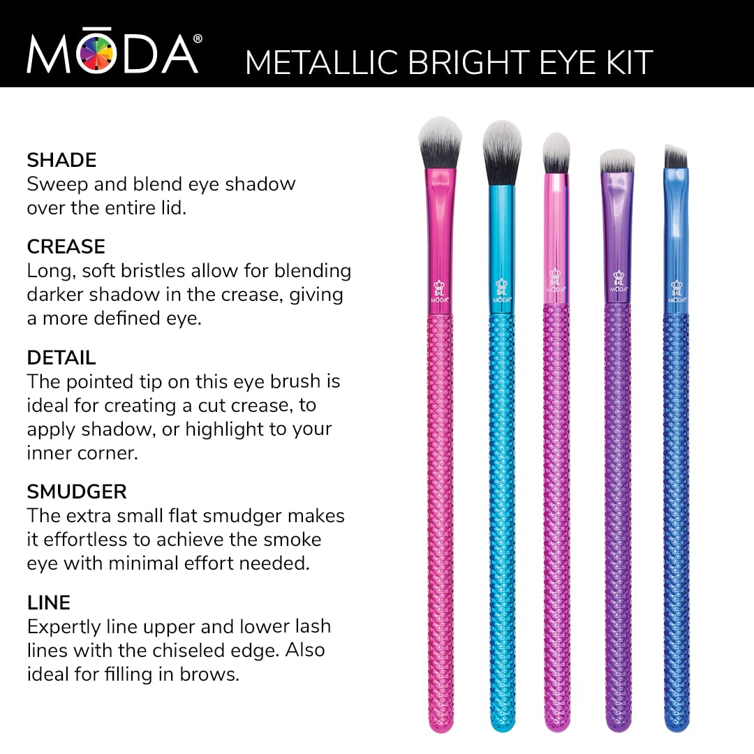 MODA Pro 5pc Deluxe Eye Makeup Brush Kit, Includes - Shader, Crease, Detail, Smudger, and Liner Brushes (Multi-Colored Metallic)