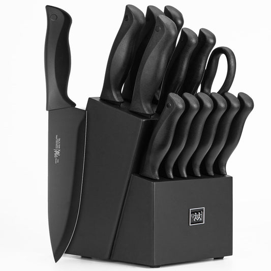 HUNTER.DUAL 15-Piece Kitchen Knife Set with Self-Sharpening Block – Dishwasher Safe, Anti-Slip Handles, Black