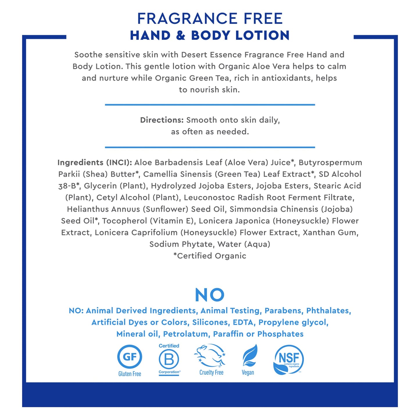 Desert Essence Fragrance Free Hand & Body Lotion - 8 Fl Ounce - Soothing - Aloe Vera - Shea Butter - Green Tea - Coconut Oil - Jojoba Oil