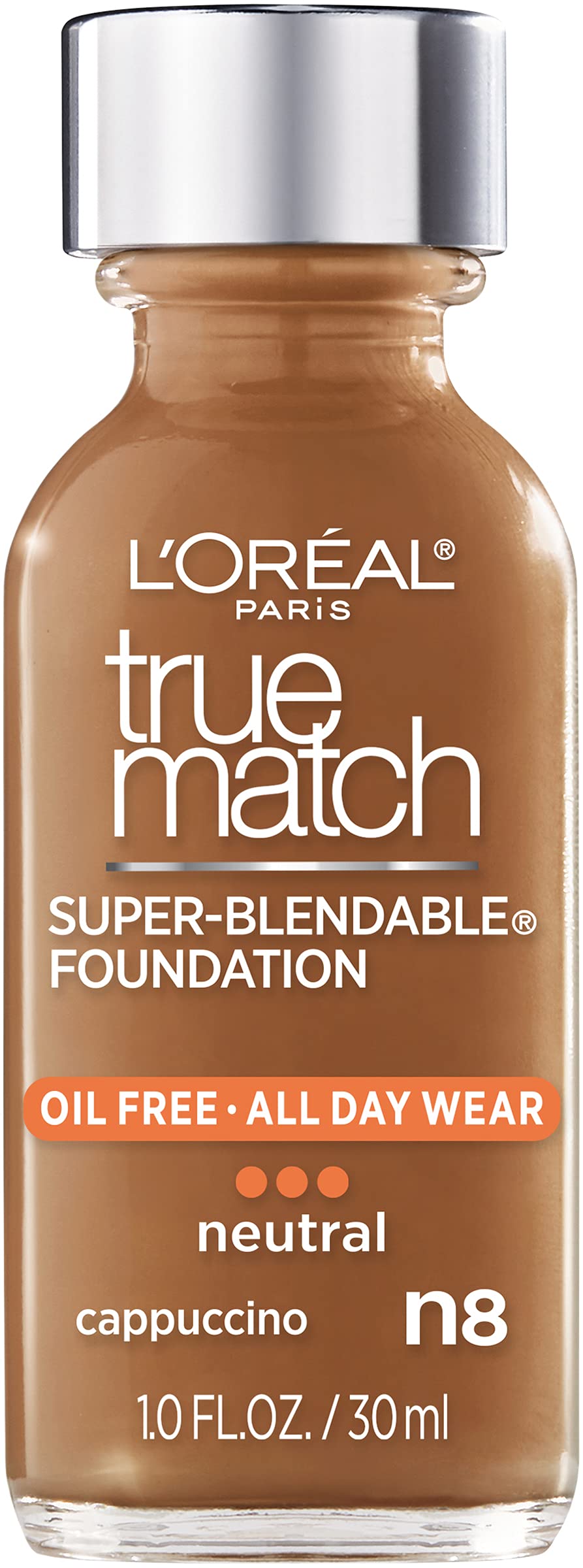 L’Oréal Paris Makeup True Match Super-Blendable Liquid Foundation, Cappuccino N8, 1 Fl Oz,1 Count