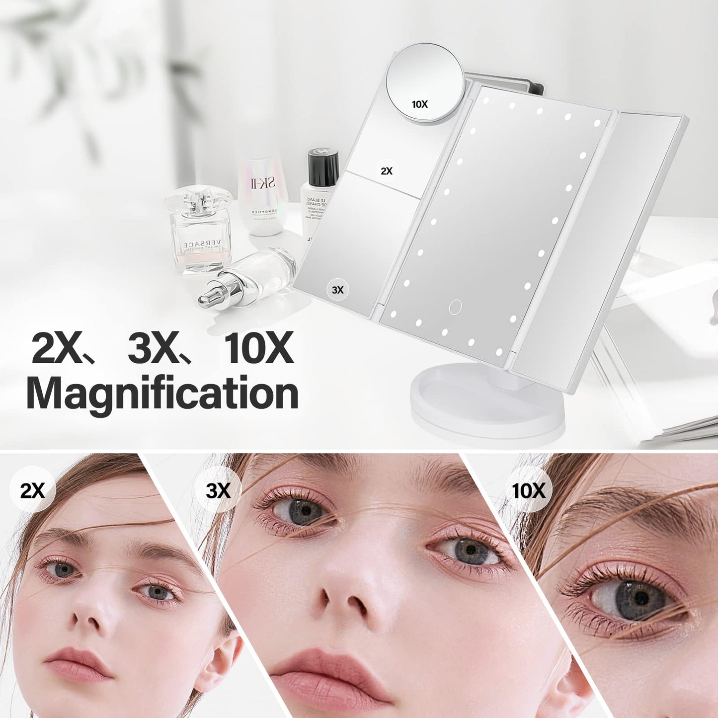 DenCert Makeup Mirror Vanity Mirror with Lights 1X 2X 3X 10X Magnification, Lighted Makeup Mirror, Touch Control, Tri-Fold Portable LED Makeup Vanity