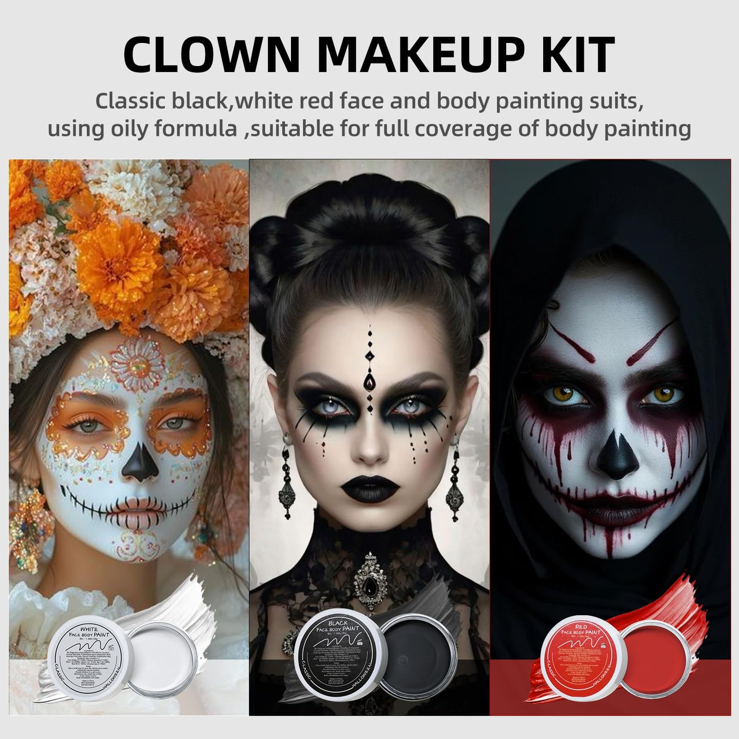 Clown Makeup Kit, White Black Red Face Body Paint Set, Halloween Clown Joker Makeup Kit, Professional Black, White and Red Face Painting Kit